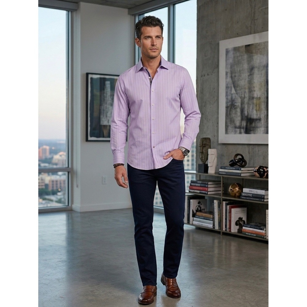 Robert Graham Mens Purple Striped Long Sleeve Button Down Shirt 44 17.5 Cotton